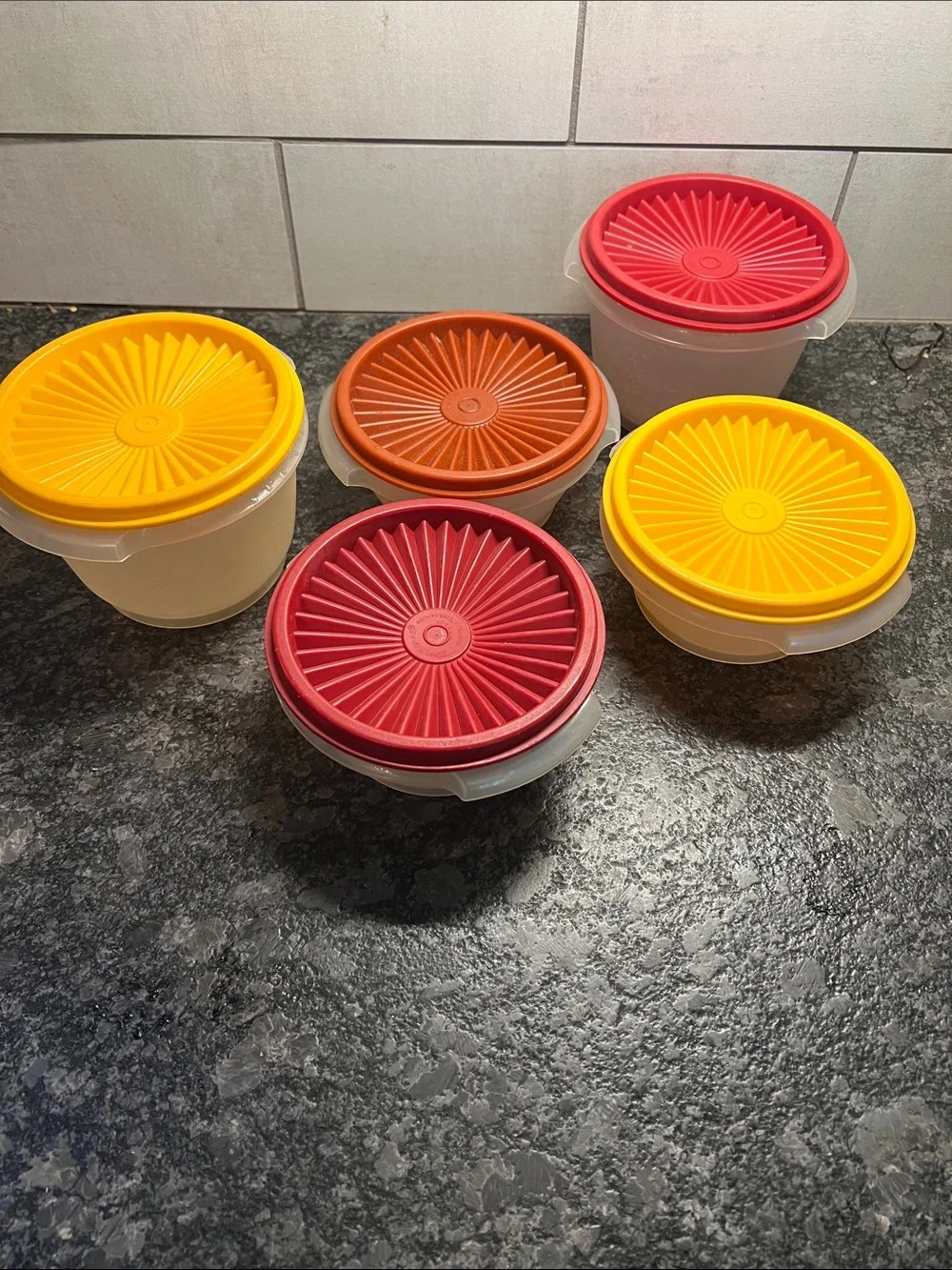 Set of 5 Tupperware Round Plastic Food Storage Containers with Snap Lids.